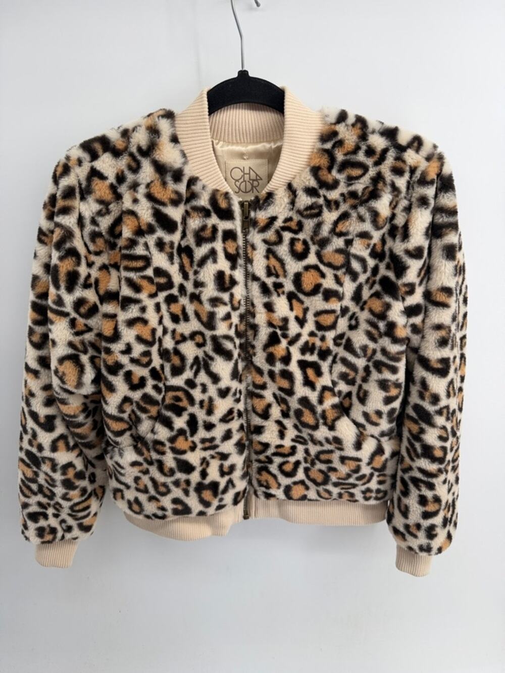 CHASER faux fur leopard print full zip bomber jacket sz XS